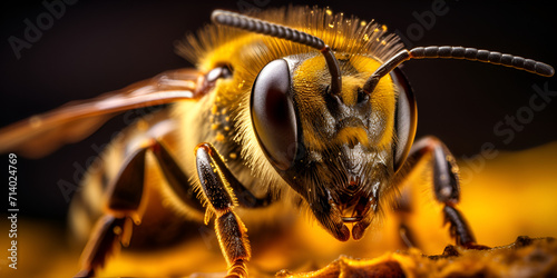 extreme close up of a spider, Useful bee flew into hive with honey with pollen bee flower, A beautiful photograph of bee and bees, Head of a bee with huge eyes some dew drops, Generative AI photo