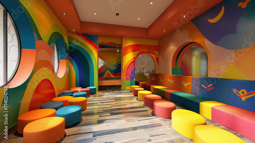 Sikh Gurdwara Youth Room: Animated Youngsters Dive into Educational and Spiritual Adventures in a Dynamic Space. 3D Colorful Vivid. photo