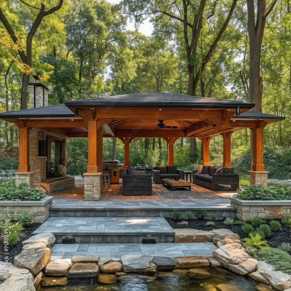 Naturalistic Setting in an Outdoor Pavilion with Wooden Beams Naturalistic Setting in an Outdoor Pavilion with Wooden Beams