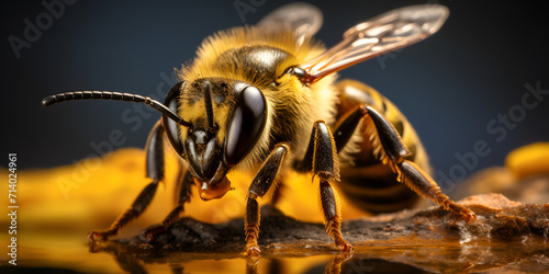 bee on a flower, Useful bee flew into hive with honey with pollen bee flower, A closeup bee isolated on a honey background, Honey bee macro on a natural background Generative AI photo