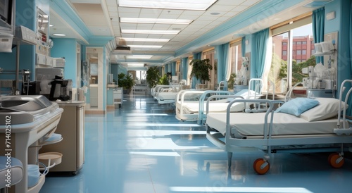 A tranquil hospital room, filled with modern furniture and medical equipment, boasts large windows that let in natural light and offer a glimpse of the outside world for patients recovering in this s