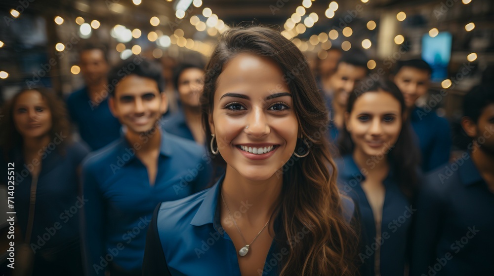 Fototapeta premium Smiling confident female business executive - team leader open office space - profile picture 