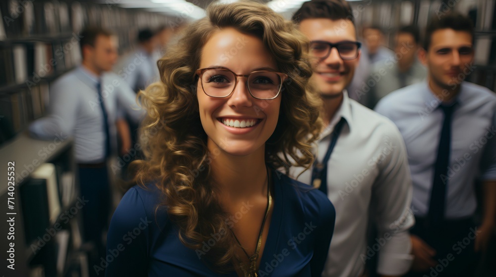 Fototapeta premium Smiling confident female business executive - team leader open office space - profile picture 