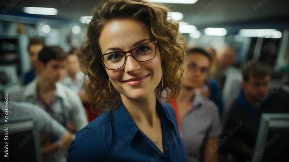 Smiling confident female business executive - team leader open office space - profile picture Smiling confident female business executive - team leader open office space - profile picture