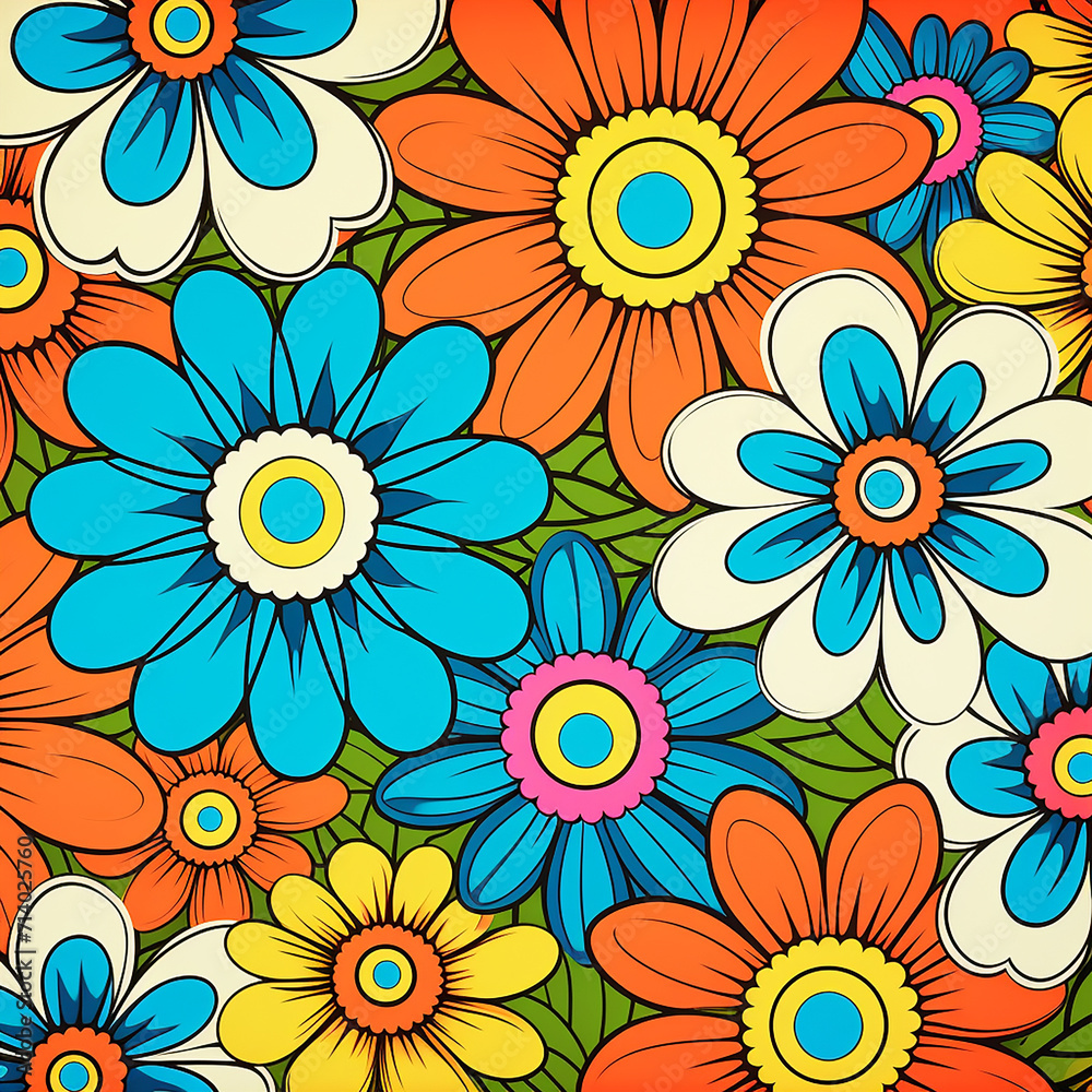 Vintage flower seamless pattern illustration. Retro psychedelic floral background art design. Groovy colorful spring texture, hippie seventies nature backdrop print with repeating daisy flowers