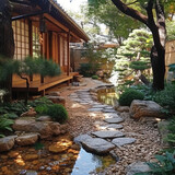 Tranquil Atmosphere in a Zen Garden with Stone Paths