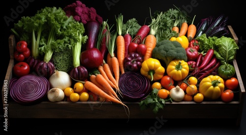 An abundant and vibrant arrangement of fresh  local  and nutritious vegetables in a rustic wooden box  representing the beauty and importance of natural  whole foods in a plant-based diet