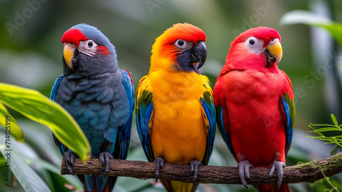 Three colorful parrots on a branch