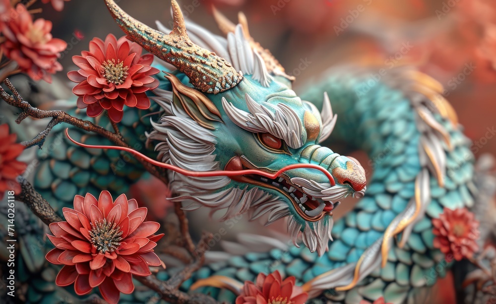 a colorful dragon with red flowers in front of it