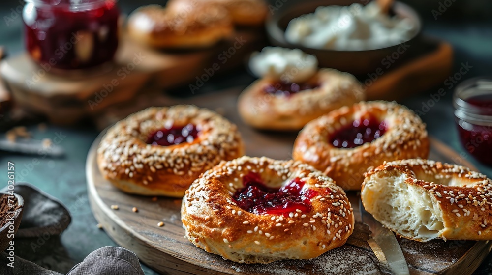 A set of freshly baked bagels paired with cheese cream and fruit jam makes for a nutritious breakfast. A set of freshly baked bagels paired with cheese cream and fruit jam makes for a nutritious breakfast.