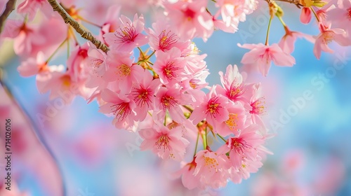 Beautiful Sakura flowers in the springtime  with a selective focus on the pink cherry blossoms on the tree against the clear blue sky.