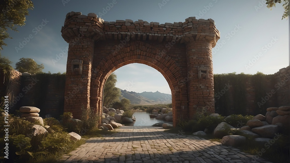 Entrance of a kingdom with arch made from bricks from Generative AI