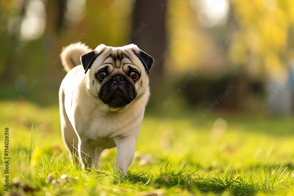 Pug dog breed on a walk in the park