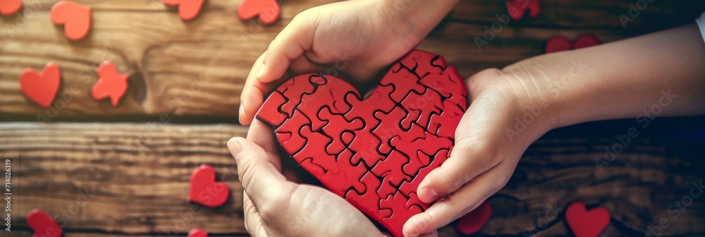 The concept of charity, love, donate and helping hand. International cardiology day. A woman and child arranges red heart shape puzzles. Symbol of helping others. - obrazy, fototapety, plakaty 