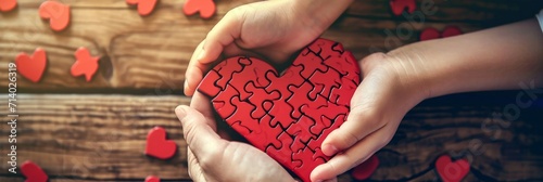 The concept of charity, love, donate and helping hand. International cardiology day. A woman and child arranges red heart shape puzzles. Symbol of helping others.