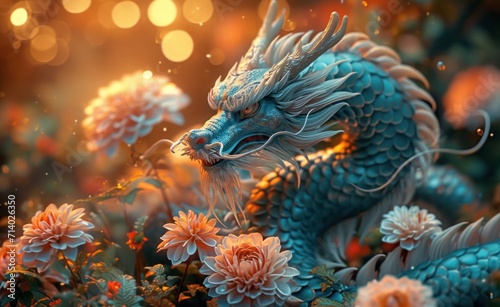 a blue dragon is surrounded by flowers and lights