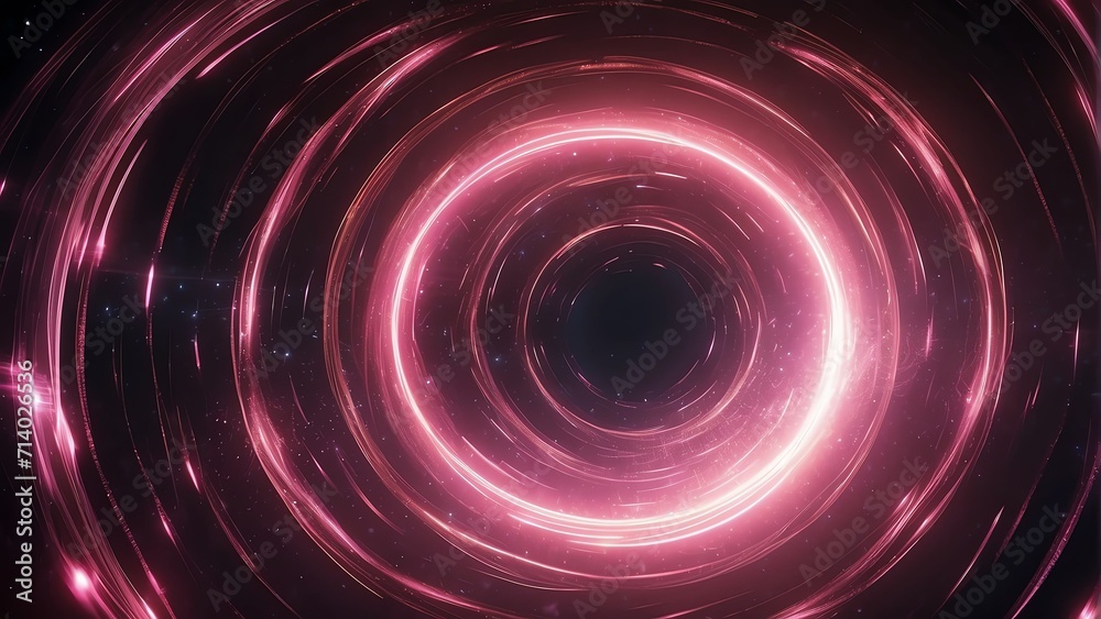Obraz premium Spinning spiral vortex of neon pink light streaks and particles, technology and sci-fi ad concept from Generative AI