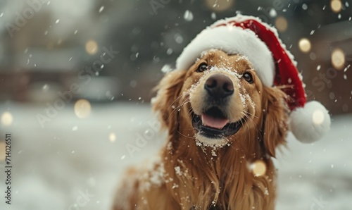 a dog wearing a santa hat in the snow, © ArtCookStudio