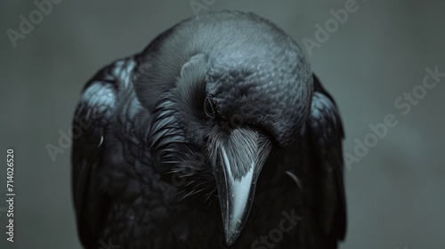 a crow with its head down, sitting in a gray studio © ArtCookStudio