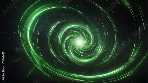 Spinning spiral vortex of neon green light streaks and particles, technology and sci-fi ad concept from Generative AI