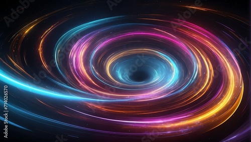 Spinning spiral vortex of neon colorful light streaks and particles, technology and sci-fi ad concept from Generative AI