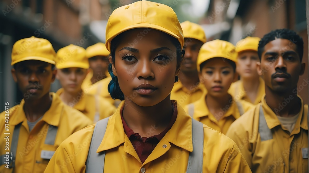 Portrait of diverse my inclusive group of delivery workers on uniform and plain yellow cap from Generative AI Portrait of diverse my inclusive group of delivery workers on uniform and plain yellow cap from Generative AI