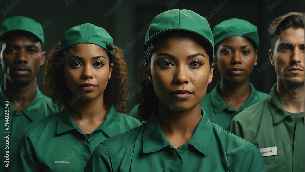 Portrait of diverse my inclusive group of delivery workers on uniform and plain green cap from Generative AI