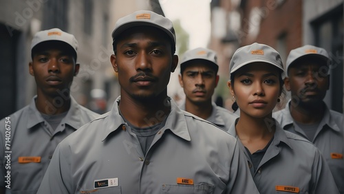 Portrait of diverse my inclusive group of delivery workers on uniform and plain gray cap from Generative AI © Arceli