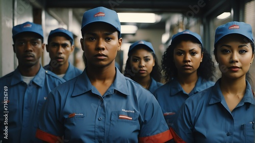 Portrait of diverse my inclusive group of delivery workers on uniform and plain blue cap from Generative AI