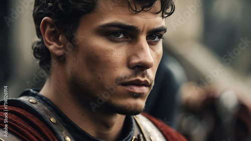 Portrait of a handsome medievel roman young soldier warrior from Generative AI