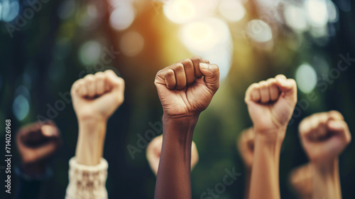 Multi ethnic people raising their fists up in the air.