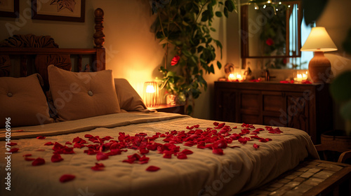 Romantic Rose Petal Trail in a Twilight Bedroom. Honeymoon concept.