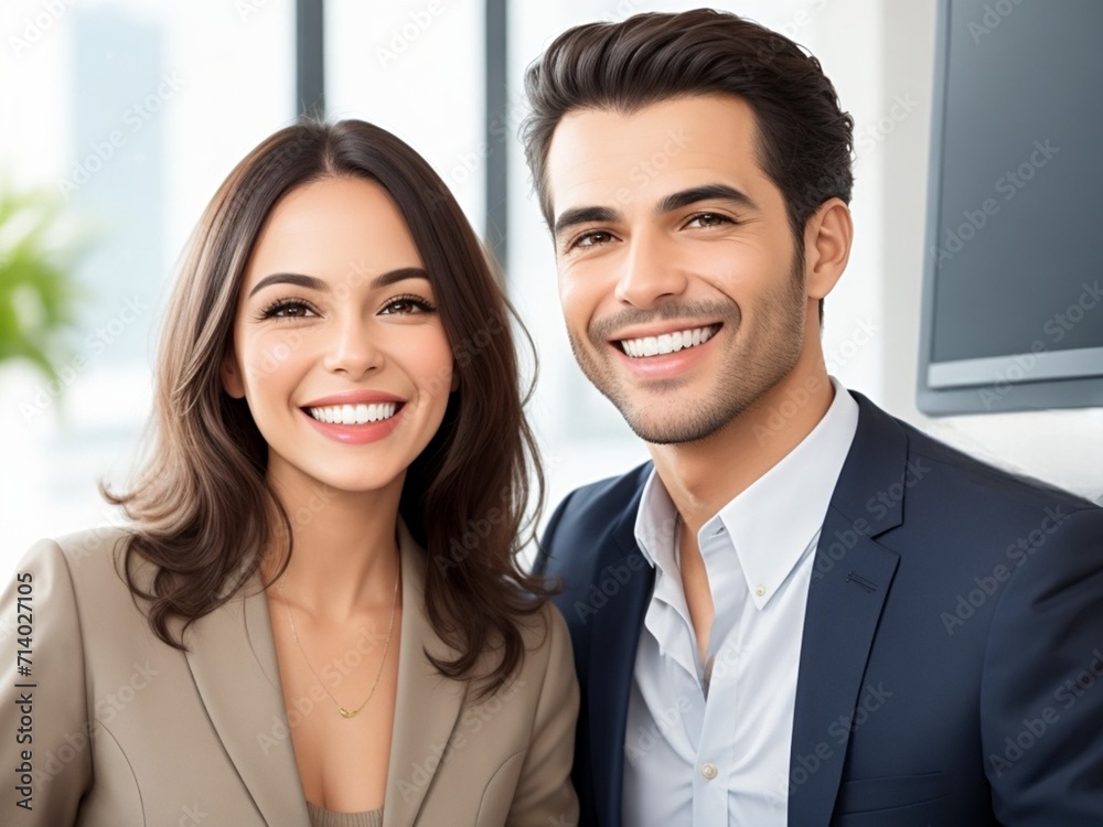 Successful business people. Young happy business couple. Man and woman smiling in office background Successful business people. Young happy business couple. Man and woman smiling in office background