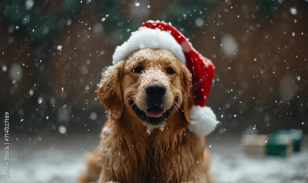 golden retriever on snow in santa hat