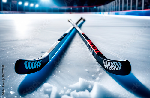 Crossed hockey sticks lying on the ice before the match, abstract sports background photo