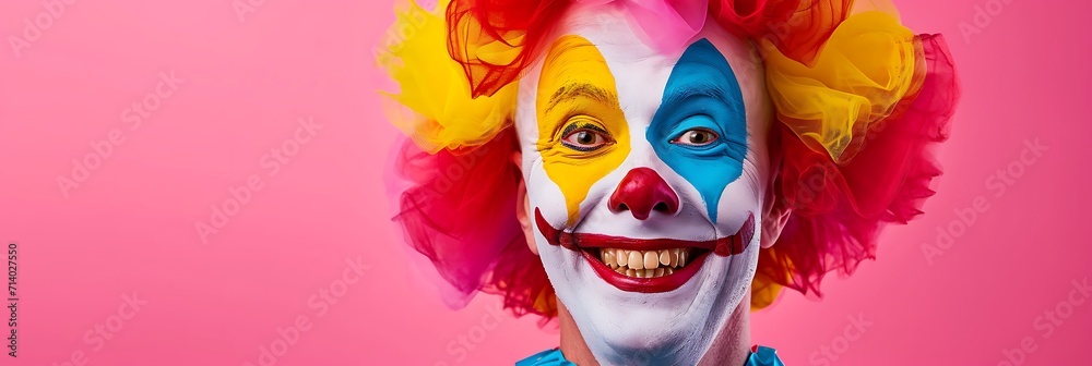 portrait of a cheerful male clown isolated on pink background portrait of a cheerful male clown isolated on pink background