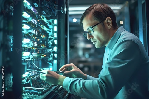 Caucasian male IT technician checking equipment in network server room