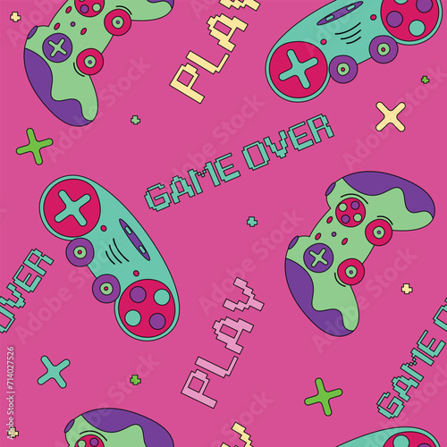 Seamless gamepads pattern. Game pads repeat print on a pink background. Digital Text Game over, Play. Gaming repeated wallpaper for clothes.Y2k Background.Game pattern.