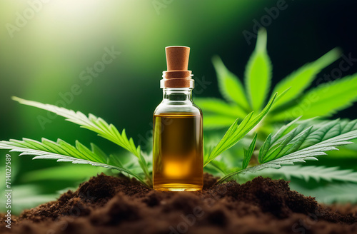 Little glass bottle with oil on a background of hemp leaves, oil with cannabinoids, marijuana on dark background