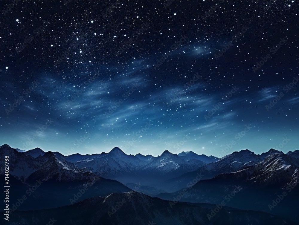 A stunning landscape featuring a starry night sky over a majestic mountain range in vibrant colors.