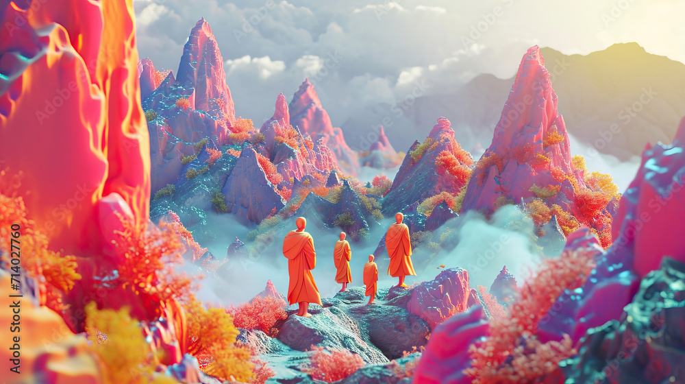Sacred Mountain Playground: Animated Monks Engaged in Playful Activities in a Tranquil Landscape. 3D Colorful Vivid.