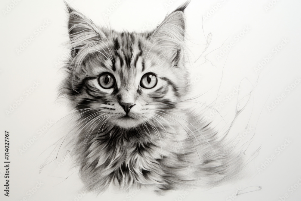 Pencil drawing cute kitten on paper sheet, photorealistic portrait of cat, illustration. Painted animal face on white background. Concept of design, art, pet table, nature, sketch Pencil drawing cute kitten on paper sheet, photorealistic portrait of cat, illustration. Painted animal face on white background. Concept of design, art, pet table, nature, sketch