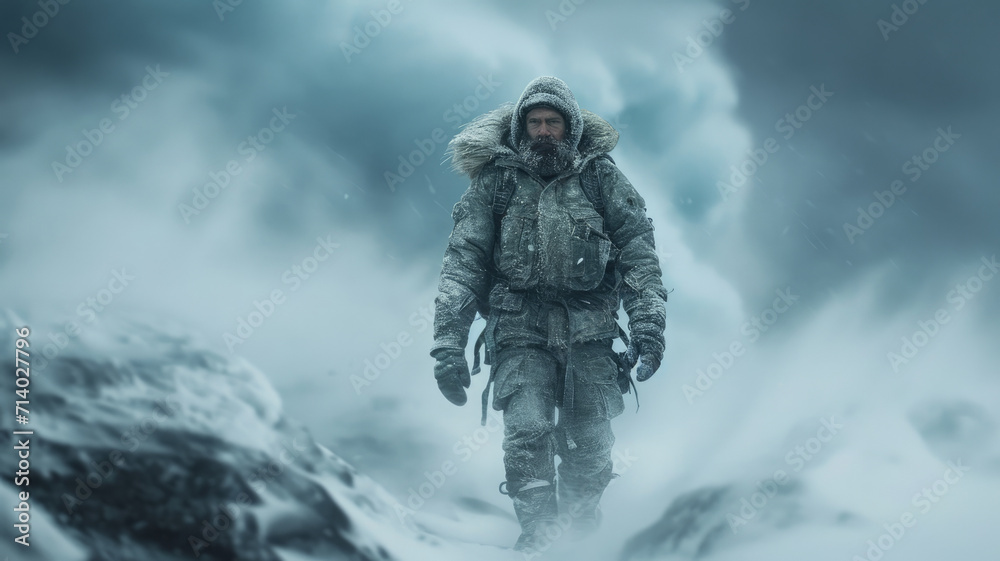Man climber walks during storm in winter, bearded hiker in mountain on snow background, dramatic view. Concept of cold, blizzard, sport, climbing, frozen people, nature and frost Man climber walks during storm in winter, bearded hiker in mountain on snow background, dramatic view. Concept of cold, blizzard, sport, climbing, frozen people, nature and frost