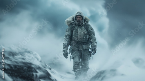 Man climber walks during storm in winter, bearded hiker in mountain on snow background, dramatic view. Concept of cold, blizzard, sport, climbing, frozen people, nature and frost