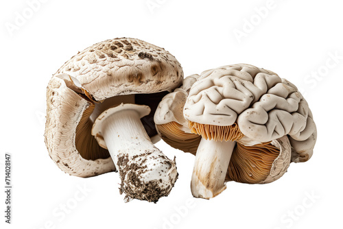 mushroom fungi next to brain shaped mushroom, on transparent background