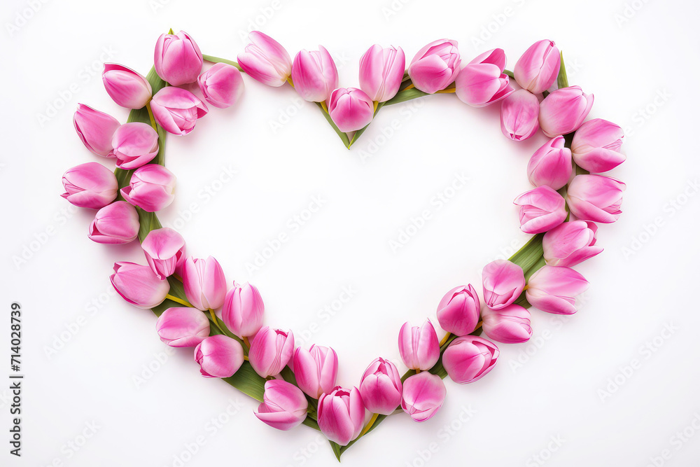 Top view of beautiful pink tulips arranged in the shape of heart with copy space in the middle on the white background