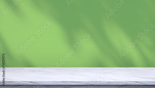 Butterfly green color trend 2024 product display presentation background with empty white marble countertop, interior studio wall room with light and leaves shadow on mockup stage backdrop