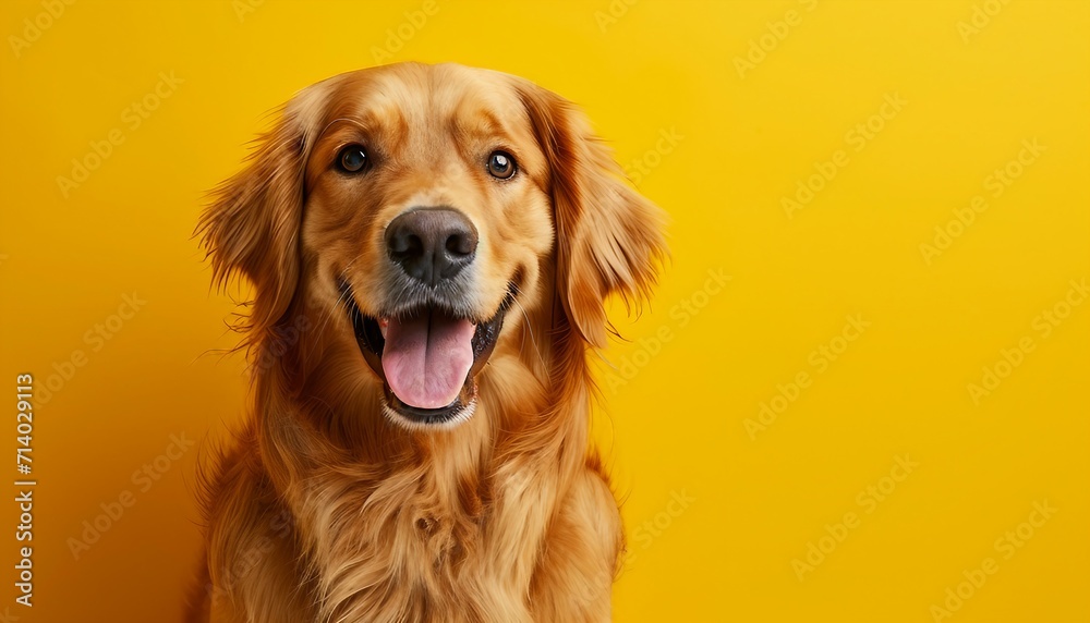 Feature a regal-looking Golden Retriever against a vibrant yellow background, capturing the breed's friendly and elegant demeanor, Golden Retriever on yellow background