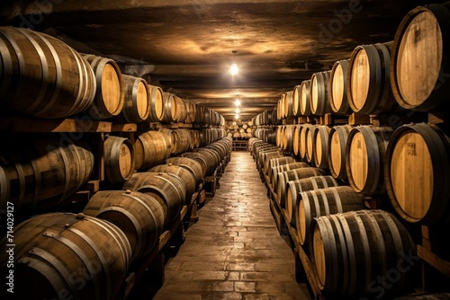 Old wine barrels stored. Generative AI