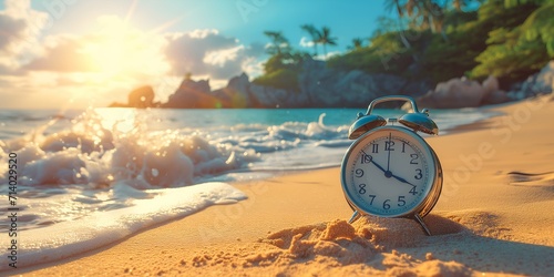 Alarm clock on the beach at sunset. Time to travel concept.